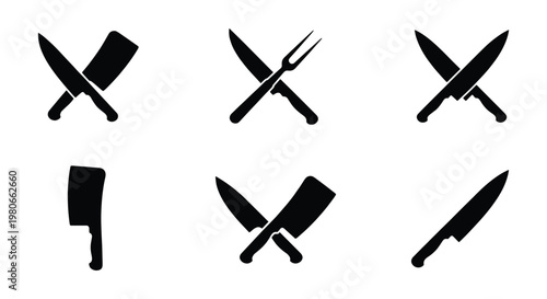 Professional chef knife icons set, black butcher cleaver and crossed kitchen cutlery silhouettes, 6 vector culinary tool elements for restaurant branding
