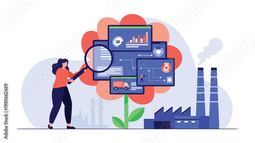 Data analyst using a magnifying glass to inspect various business performance dashboards in front of a modern industrial factory setting.
