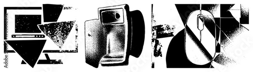 Vector graphic of stylized computer, camera, and mouse with halftone textures and fragmented shapes, minimalist tech, digital device symbols, modern UI elements.