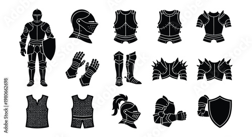 Medieval knight armor silhouettes, 14 black vector icons of plate mail and warrior equipment, ancient protective gear for gaming and history