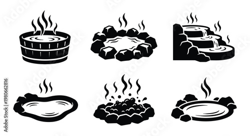 Japanese hot springs icon set, black and white onsen vector collection, steaming thermal bath and natural spa pool illustrations, 6 elements