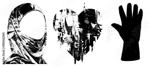 Grunge halftone vector trio veiled figure, urban heart, open palm graphic design elements, stencil art, protest symbol, typography motif, social.