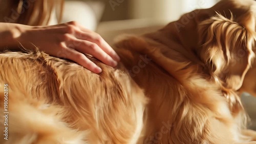 Hand stroking soft golden retriever fur