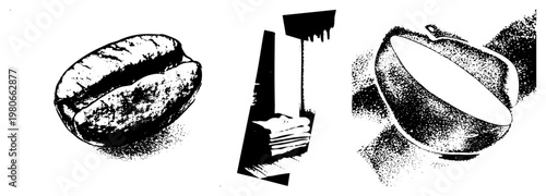 Coffee bean texture, tamper tool, espresso cup, halftone shading, vector graphic, flat design, beverage.