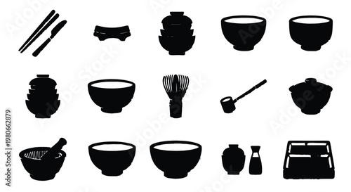 Japanese tea ceremony icons, 15 black silhouette vector elements, traditional matcha pottery and kitchenware set for restaurant branding