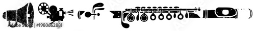 Retro stylized megaphone, film projector, trumpet, clarinet, and flute as graphic symbols, vector for and entertainment themes.