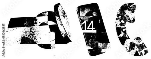 Digital gadgets rendered in fragmented black and white glitch style, smartphone displaying number 14, vintage phone receiver, modern camera lens, pixelated distortion, tech.