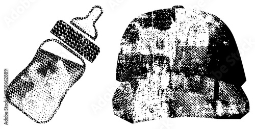 Infant feeding bottle with nipple and plaid baby hat, both rendered in dot matrix halftone style, minimalist black and white vector graphics for design use.