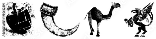 Abstract halftone vector silhouettes of bell, curved horn, camel, and griffin, rendered in high contrast black with distressed texture, isolated foreground elements.
