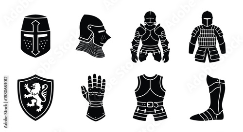 Medieval knight armor silhouettes, 8 black vector icons of warrior equipment, historical crusader helmet and shield set, ancient battle gear elements