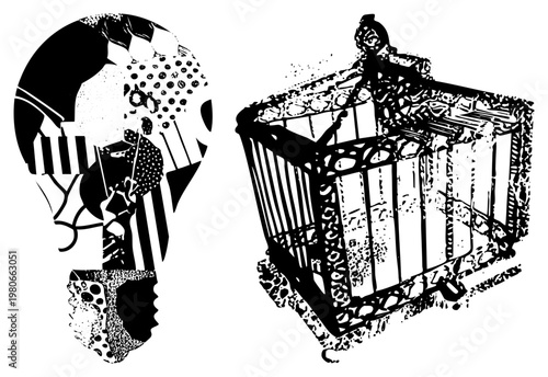 Artistic vector composition of piano keys, violin, and globe motifs merged with intricate cage design, halftone texture, isolated graphic elements.