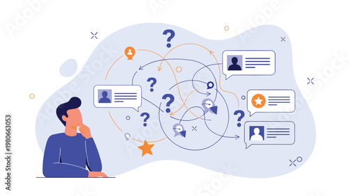 Pensive man thinking deeply while surrounded by a chaotic web of speech bubbles, question marks, and interconnected communication lines.