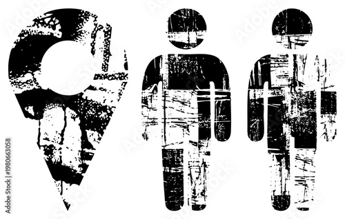 Weathered restroom with distressed black and white texture, gender symbols, public facility signs, bathroom pictograms, stylized human figures.