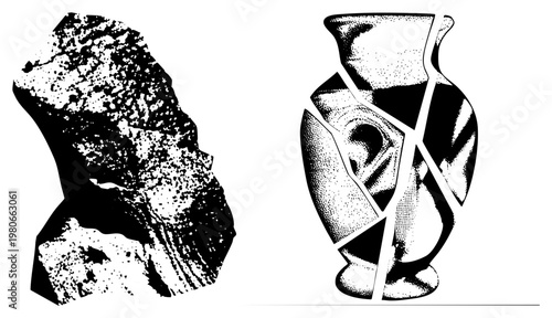 Fragmented ancient ceramic vase with halftone shading, jagged stone texture, vector art, archaeological relic, stylized artifact.