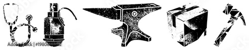 Five halftone tools/ stethoscope, grenade, anvil, toolbox, ice. Flat vector with grainy texture.