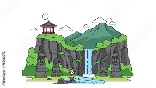 Beautiful landscape of Jeju Island in South Korea featuring traditional Dol Hareubang statues, a waterfall, and a scenic mountain backdrop.