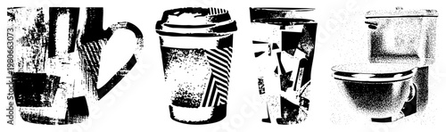 Grungy textured mug, disposable cup, glass tumbler, toilet all in high contrast halftone style, isolated vector illustrations.