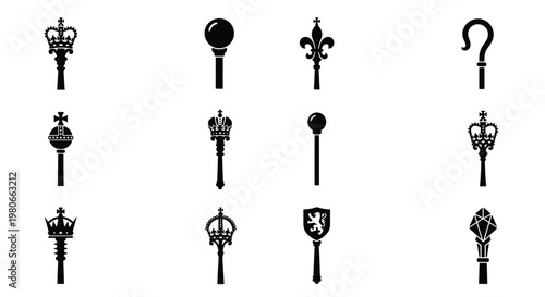 Royal scepter icon set, 12 black vector silhouettes of ceremonial maces and regal staffs, heraldic monarch symbols for coronation and authority