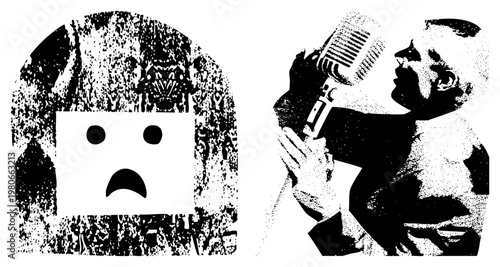 Retro singer with vintage microphone, halftone art style, sad emoji face, black and white graphic, expressive emotion, pop culture, stylized illustration.