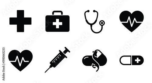 Medical icon set with 8 black vector elements, healthcare symbols for hospital apps, stethoscope and first aid kit icons, heartbeat and medicine graphics