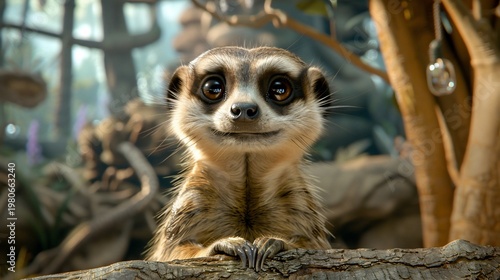 Curious meerkat peers over a log with a gentle smile, surrounded by lush foliage