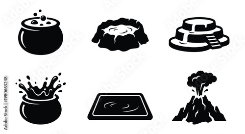 Fantasy RPG map icons, black and white vector set of 6 environment elements, cauldron and volcano symbols for gaming UI and world building