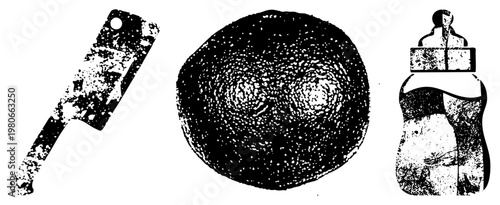 Grunge style vector of butcher cleaver, textured citrus fruit, and baby feeding bottle with halftone grain, isolated foreground elements.