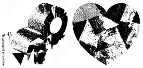 Stylized heart & circle in halftone, vector, geometric,, graphic design, minimalist, black & white illustration