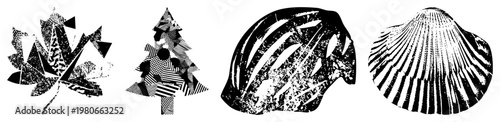 Abstract nature symbols rendered in halftone, including maple leaf, Christmas tree, scallop, and mussel, stylized with graphic textures.