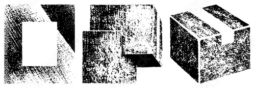 Three dimensional halftone cubes with textured shading, geometric forms, vector art, isolated shapes, design, graphic illustration, minimalist composition.