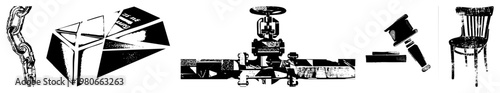 Black and white vector of industrial chain, fragmented cube, valve, hammer, chair flat design, technical illustrations, isolated elements, mechanical and furniture symbols.