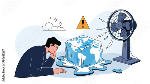 Man observes a melting Earth ice cube as global warming and climate change symbolic illustration with cooling fan.