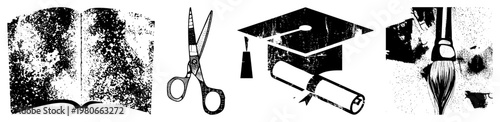 Educational symbols including open book, scissors, graduation cap, and paintbrush, representing learning, art, and academic achievement.