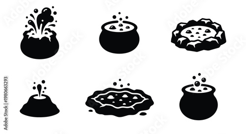 Minimalist black and white boiling cauldron icons, set of 6 bubbling potion pot vector elements, magic witch brew and hot spring symbols