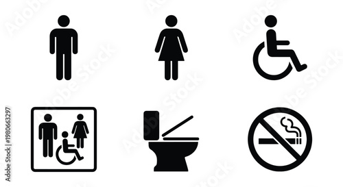 Restroom sign icons set, black bathroom symbols for male and female, disabled wheelchair access and no smoking vector silhouettes