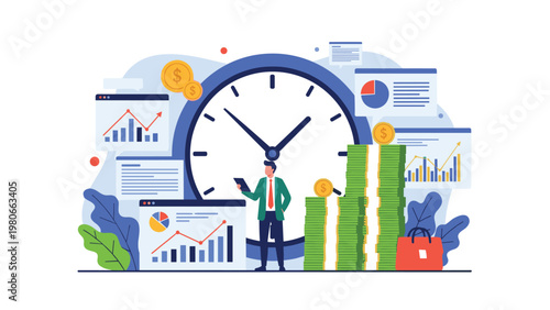 Businessman standing amidst financial charts, coins, and a large clock to track investment performance and wealth growth.