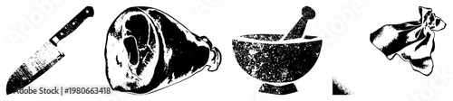 Chef’s knife, ham, mortar & pestle, towel high contrast halftone. Alt butcher knife, meat slicer, grinder, dish towel.