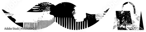 Stylized mustache and handbag rendered in high contrast vector art, halftone textures, glitch effects, graphic design element, fashion accessory silhouette, vintage aesthetic.