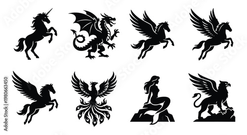 Mythical creatures silhouette set, 8 fantasy beast icons including dragon and unicorn, black heraldic monsters for logo design and tattoo art