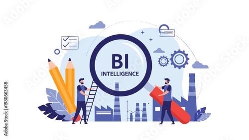 Business professionals conducting business intelligence research using a magnifying glass over an industrial landscape.