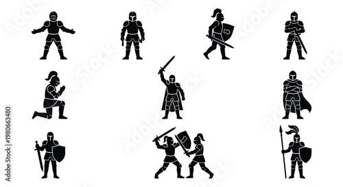 Medieval knight silhouette collection, set of 11 warrior icons in full armor, black silhouettes of ancient soldiers with swords and shields