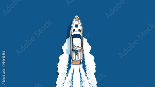 Overhead view of a luxury motorboat cruising through blue ocean water leaving a white wake trail behind it.