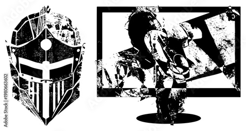 Gothic knight helmet with visor and rivets, warrior in dynamic combat pose, halftone texture, black and white vector illustration, isolated graphic design element.