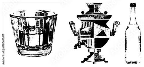 Halftone vector art of retro Russian samovar, vintage glass bottle, tumbler all, geometric, antique design.