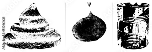 Stylized halftone graphic of poop pile, liquid droplet, and metal canister. Vector art with dot, black and white, isolated foreground elements.