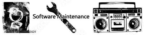 Software maintenance symbolized by wrench, vintage boombox, and abstract gear, technical upkeep, digital repair, system optimization, retro tech aesthetic, black and white halftone.