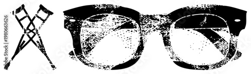 Black and white halftone vector graphic of eyeglasses and crutch symbol, retro design, isolated cutout, medical mobility, stylized glyph art.