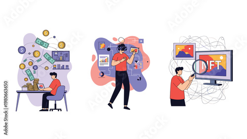 Digital creators and investors exploring cryptocurrency markets and non-fungible tokens in the modern era.