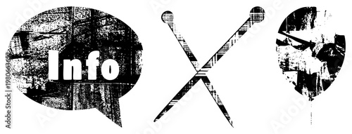 Vector with distressed textures info bubble, drumsticks, shattered mask, graphic design elements, isolated symbols, halftone effect, digital art.