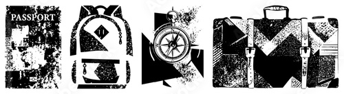 Travel gear symbols including passport, backpack, compass, suitcase, distressed texture, vintage travel, adventure, graphic design elements.